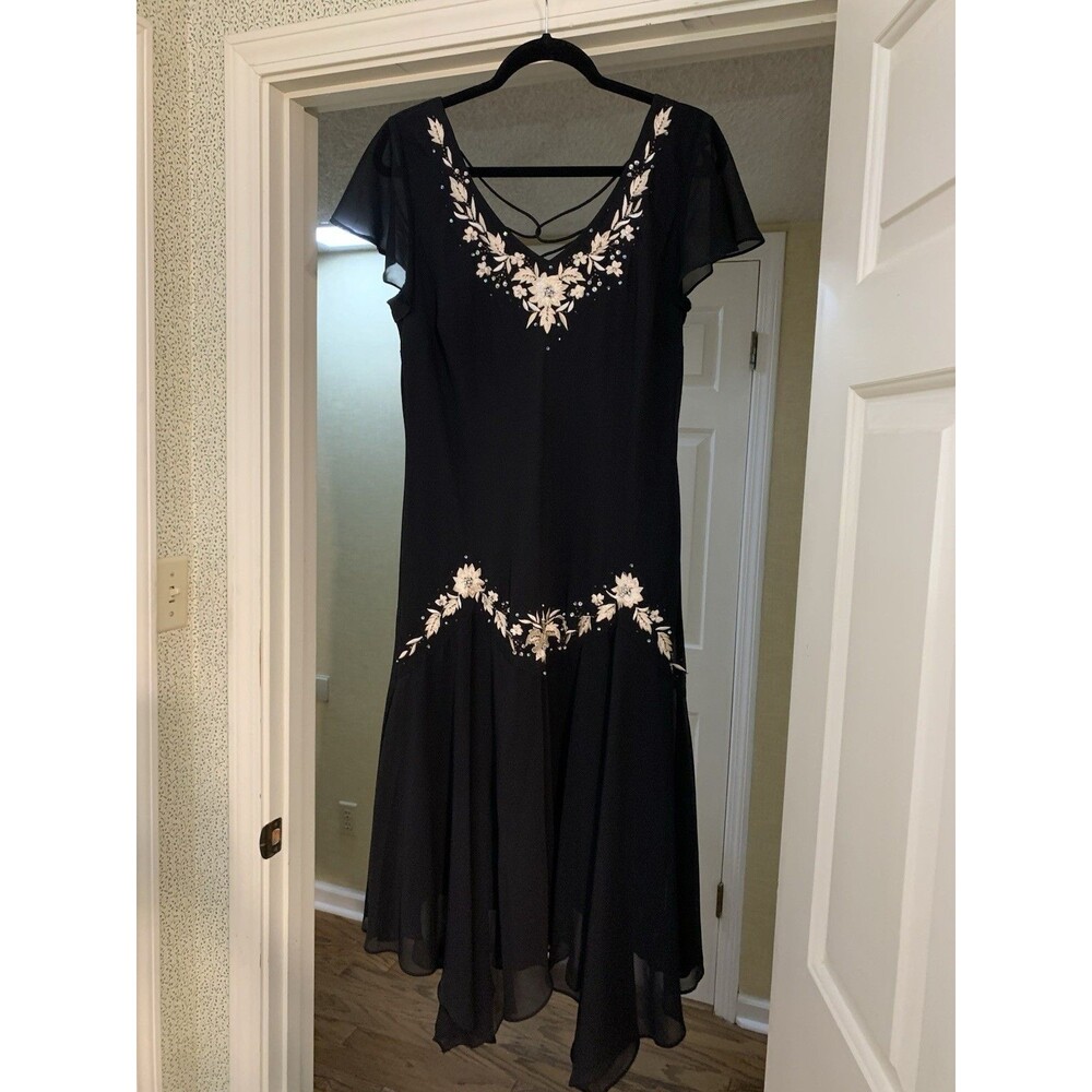 S.L. Fashions Black Midi Cocktail Dress Embroidered Flowers With Sequins 14